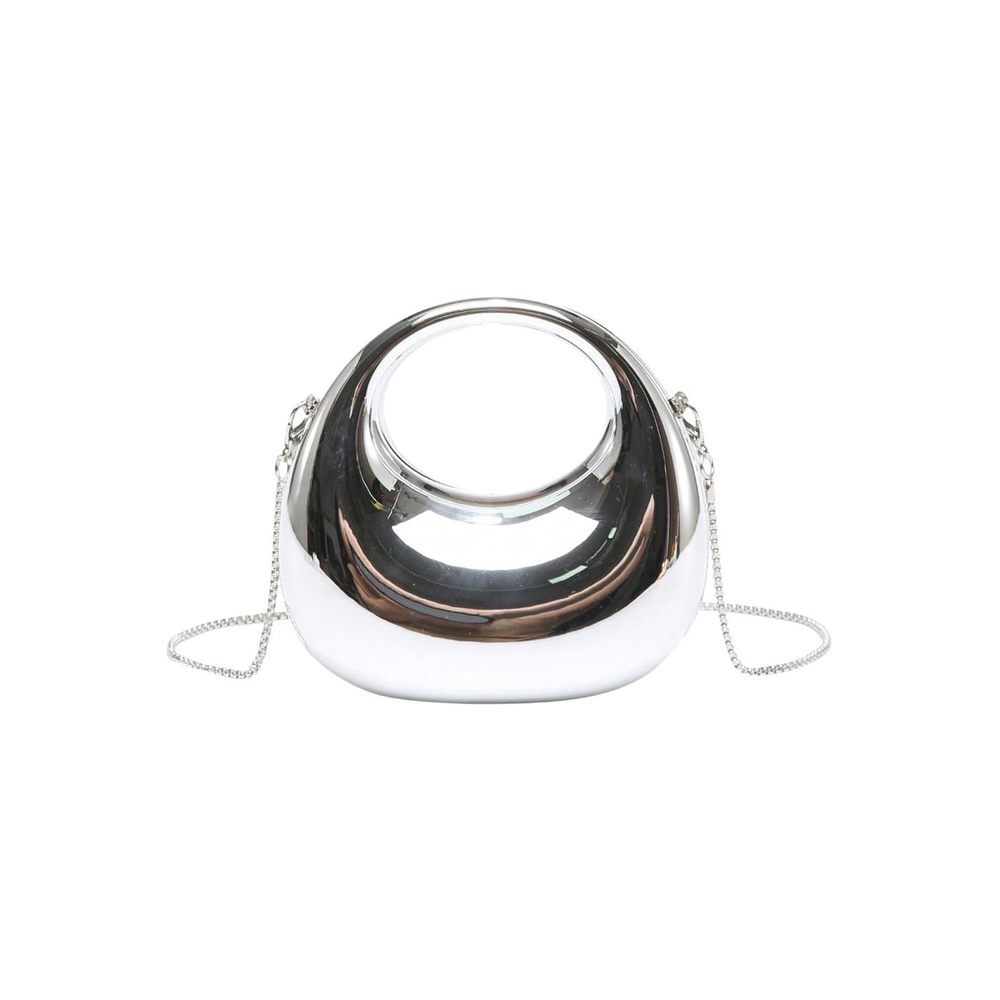 Silver Metallic Crescent Clutch with Chain & Top Handle